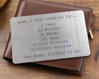 First Year Anniversary Gift for Boyfriend Personalised | Engraved Wallet Card for 1 Year Dating Keepsake, Love Message for Him