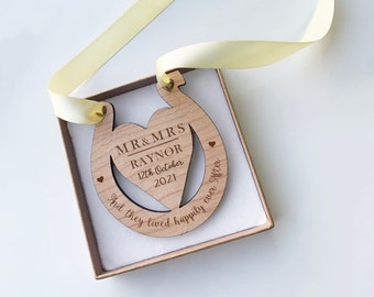 Wedding Horseshoe Gift, Happily Ever After, Personalised Wedding Present, Engraved Wood Keepsake