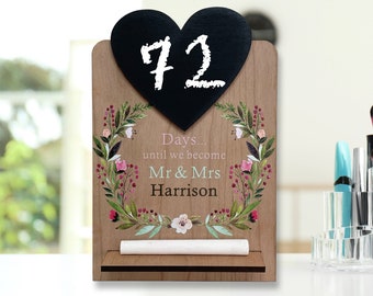 Engagement Wedding Countdown Plaque, Personalised Gift for Bride to Be, Printed Wooden Chalk Sign for Engaged Couple, Floral