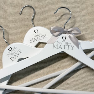 Wedding Hangers for Groomsmen, Personalised Tux Hangers for Grooms Party, White Hangers with Trouser Bar