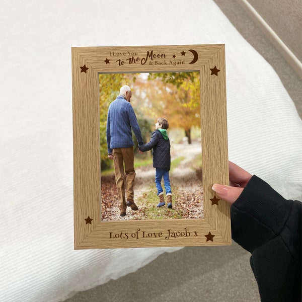 Personalised Wooden Photo 5x7 Frame Custom Engraved, I love you moon and back, Grandparents Gift, Father's Day, Birthday Personalized Photo