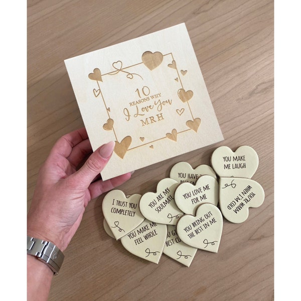 10 Reasons Why I Love You, Personalised Romantic Gift For Him or Her, Leather Hearts & Wooden Gift Box, Personalized Boyfriend / Husband