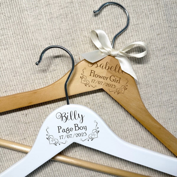 Wooden Personalised Flower Girl Dress Hanger - Personalized Wedding Hanger Gift for Junior Bridesmaid, Page Boy - Child Hanger, FREE RIBBON