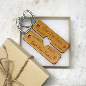 Our New Home Keyring Pair, Personalised Keychain Gift for Couple Moving in Together, Engraved Leather