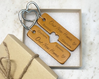 Our New Home Keyring Pair, Personalised Keychain Gift for Couple Moving in Together, Engraved Leather
