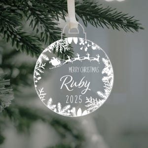 Personalised Christmas Bauble: Hanging Xmas Tree Decoration for Children, Minimalist Simple Clear Acrylic Print