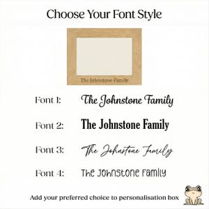 May include: A light-colored wooden picture frame with a white insert, displaying the text "The Johnstone Family." The image presents four font style options for personalization, with the text "Choose Your Font Style" at the top.