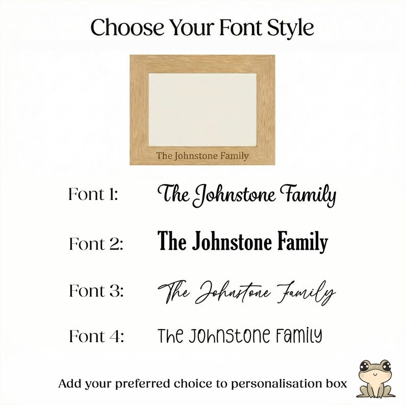 May include: A light-colored wooden picture frame with a white insert, displaying the text "The Johnstone Family." The image presents four font style options for personalization, with the text "Choose Your Font Style" at the top.