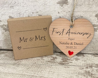 Personalized First Anniversary Wooden Heart Plaque, Couple Gift