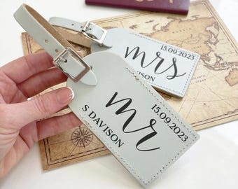 Personalised Wedding Luggage Tags | Leather Luggage Labels for Couple, Mr & Mrs Wedding Gift Engraved