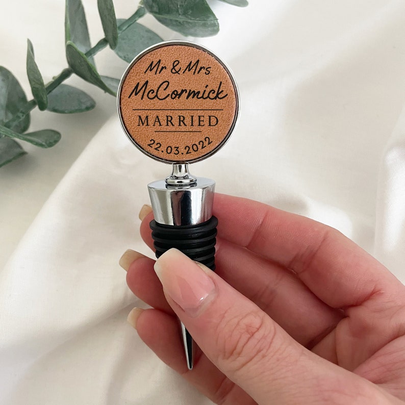 Wedding Gift Bottle Stopper, Personalised Wedding Day Gift for Newly Weds, Leather Wedding Gift, Mr & Mrs Keepsake image 1