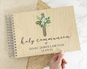 Holy Communion Guest Book, Personalised Keepsake for Christening, Baptism, Wooden Guest Book A4 Communion Guestbook Signing, First Communion