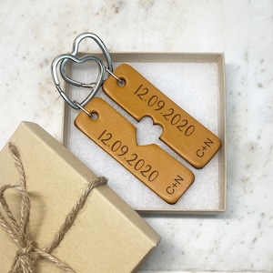 His & Hers Third Wedding Anniversary, Personalized Gift for Husband Wife, Leather Anniversary Gift Idea, Personalised Leather Keyring Pair