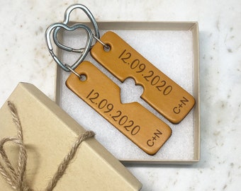 His & Hers Third Wedding Anniversary, Personalized Gift for Husband Wife, Leather Anniversary Gift Idea, Personalised Leather Keyring Pair