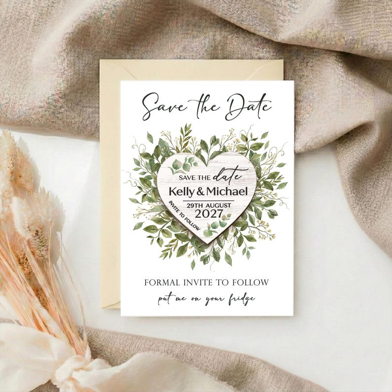 Save The Dates, Save the Date Cards with Wooden Magnets, Eucalyptus Leaf Floral Save The Dates With Envelopes, Personalised For Wedding Bild 4