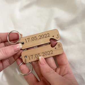 Wooden Anniversary Gift for Couple, Personalised Pair of Keyrings, Custom Date & Initials, 5 Years Together, Engraved Key Fob Keepsake