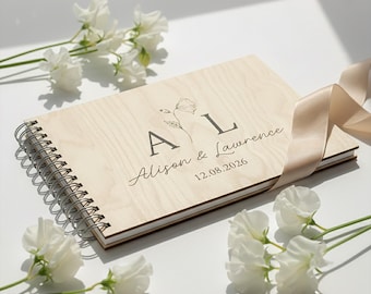Personalized Wedding Guest Book | Wooden Guestbook for Wedding, Minimalist Floral Design, Spiral Bound Journal