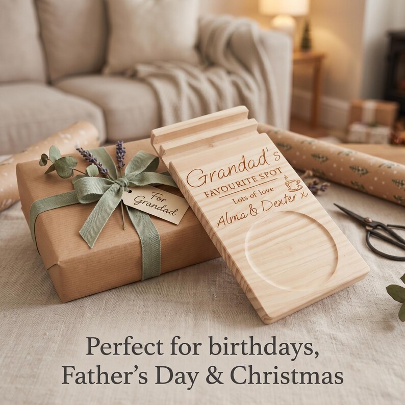 May include: A rectangular light-colored wooden stand with a circular indentation and a grooved slot. The wood is engraved with the text: Grandad's FAVOURITE SPOT, Lots of love, Alma & Dexter x, and a small coffee cup icon.
