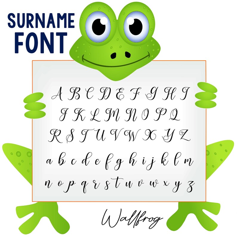 May include: A green cartoon frog holding a white sign with a cursive alphabet in black. The sign says "SURNAME FONT" at the top and "Wallfrog" at the bottom.