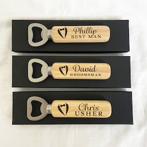 Groomsmen Bottle Opener Gift, Personalised Engraved Beer Opener Present for Grooms Party, Thank You Wedding Day Keepsake, Wooden Handle