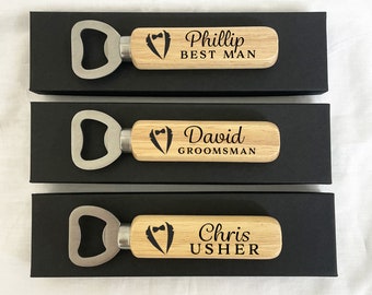 Groomsmen Bottle Opener Gift, Personalised Engraved Beer Opener Present for Grooms Party, Thank You Wedding Day Keepsake, Wooden Handle