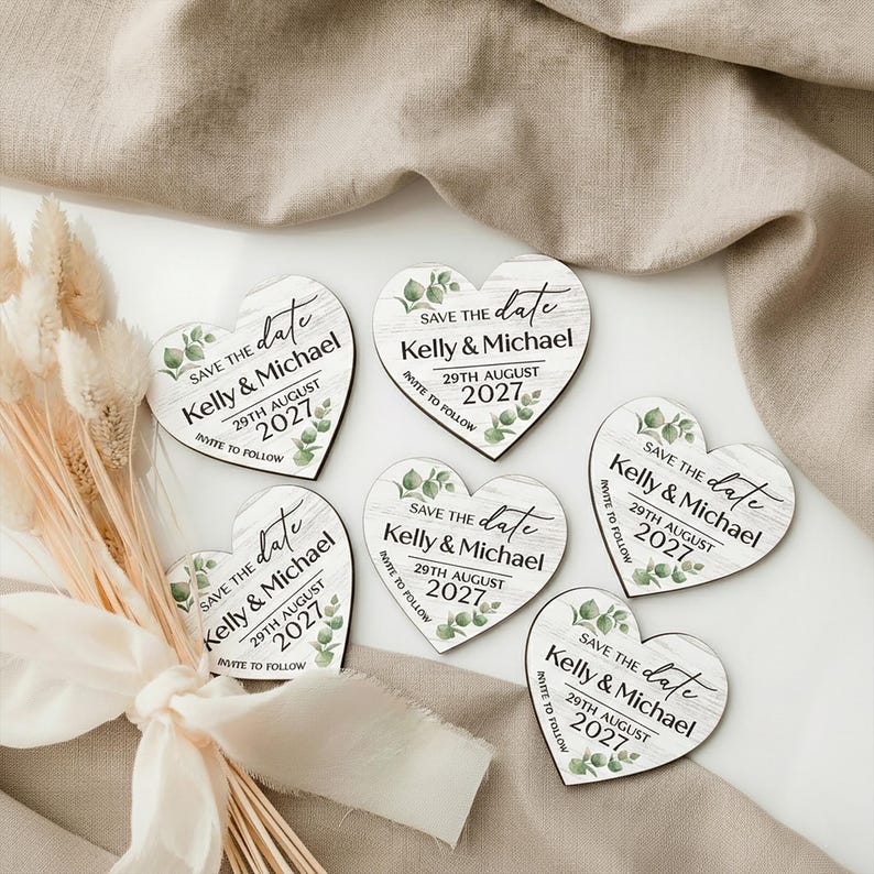 Save The Dates, Save the Date Cards with Wooden Magnets, Eucalyptus Leaf Floral Save The Dates With Envelopes, Personalised For Wedding Bild 9