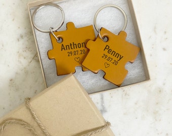 Personalized Leather Anniversary Keyring, Couple Keepsake, Engraved Key Fob Pair