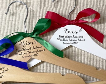 First School Uniform Hanger, Engraved Kids Hangers Personalised with Name for Pre School / Nursery, Wooden with Trouser Bar