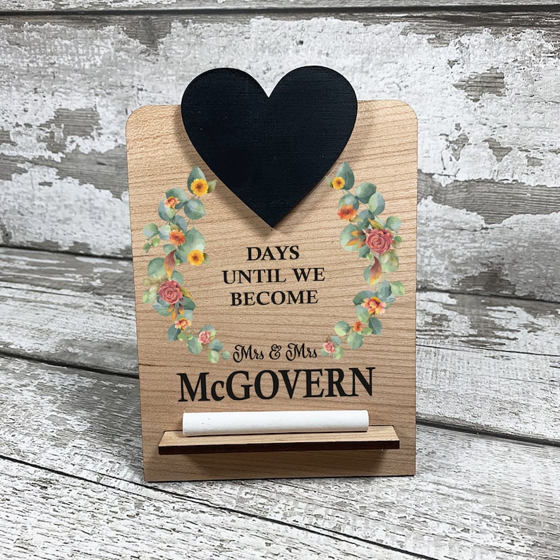 Engagement Countdown Gift, Personalised Engagement Plaque, Mr & Mrs Chalkboard, Engagement Countdown Sign Orange Flowers