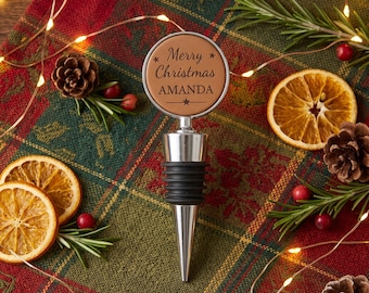 Personalised Secret Santa Gift, Wine Bottle Stopper for Colleague Friend, Christmas Wine Gift, Stocking Filler for Wine Lover