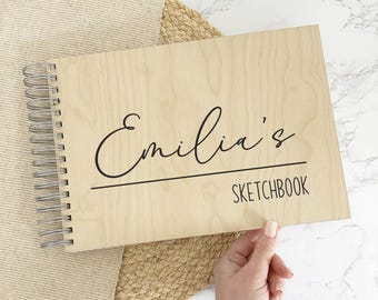 Personalised Wooden Sketchbook for Artist  |  Printed Notebook with Blank Pages Acid Free Paper, Creative Art Student Gift Idea