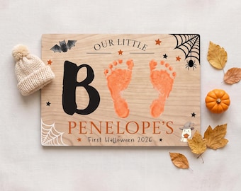 Panneau personnalisé avec empreintes de mains et de pieds pour le premier Halloween de bébé – Souvenir en bois « Mon petit chou »