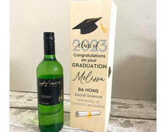 Graduation Bottle Box, Personalised Wine Box for Graduation, University Graduate Gift, Quality Wooden Box with Clasp Lid