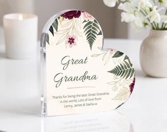 Cadeau pour arrière-grand-mère | Plaque acrylique personnalisée en forme de cœur, souvenir à poser pour les grands-parents