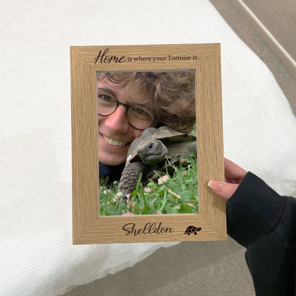 Tortoise Photo Frame Gift, Personalised Engraved Wooden Picture Frame, 5" x 7" Photo Print, Cute Tortoise Home Decor, Rustic Reptile Novelty