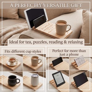May include: A rectangular light-toned wooden sofa arm tray featuring a grooved slot for holding tablets or smartphones and a circular indentation for a mug. The wood is engraved with the text Grandad's FAVOURITE SPOT.