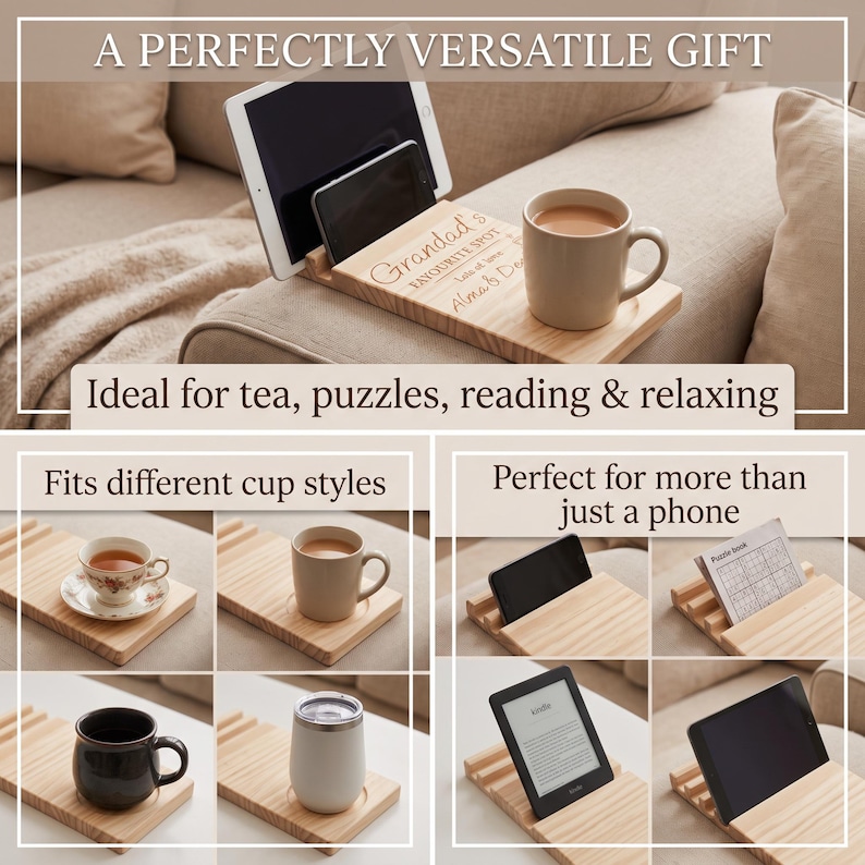 May include: A rectangular light-toned wooden sofa arm tray featuring a grooved slot for holding tablets or smartphones and a circular indentation for a mug. The wood is engraved with the text Grandad's FAVOURITE SPOT.