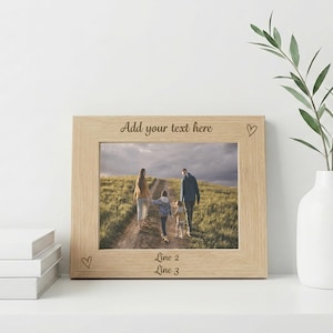 May include: A light oak picture frame with a family photograph. The frame has the text "Add your text here" at the top and "Line 2" and "Line 3" at the bottom. Small heart icons are on the frame.