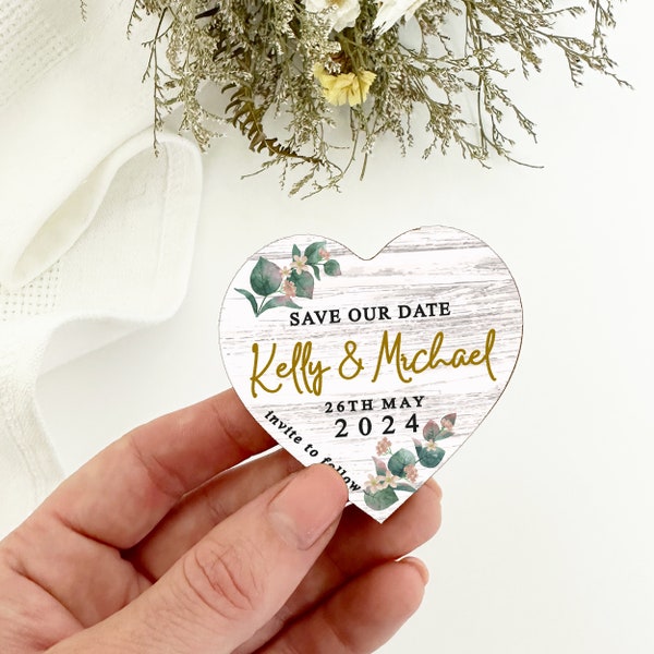 Save The Dates, Save the Date Cards with Wooden Magnets, Eucalyptus Leaf Floral Save The Dates With Envelopes, Personalised For Wedding