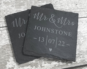 Mr & Mrs Slate Coaster Set, Personalised Wedding Gift for Couple, Anniversary Gift, Mr Mrs Keepsake