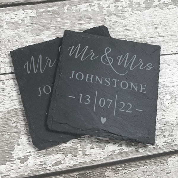 Mr & Mrs Slate Coaster Set, Personalised Wedding Gift for Couple, Anniversary Gift, Mr Mrs Keepsake