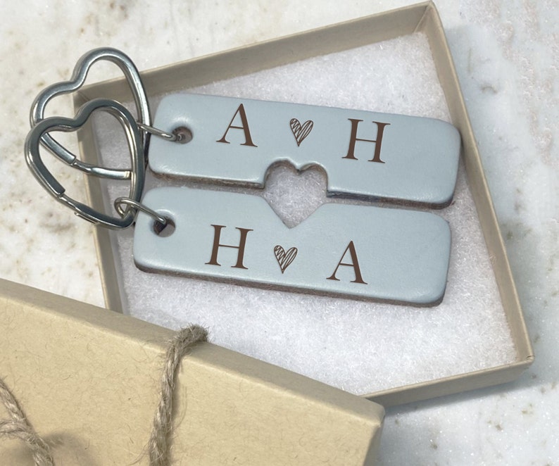 Valentines Gift, Valentines Keyring for Couple, Gift Idea For Boyfriend, Husband, Girlfriend, Wife Leather Anniversary Present Grey Leather