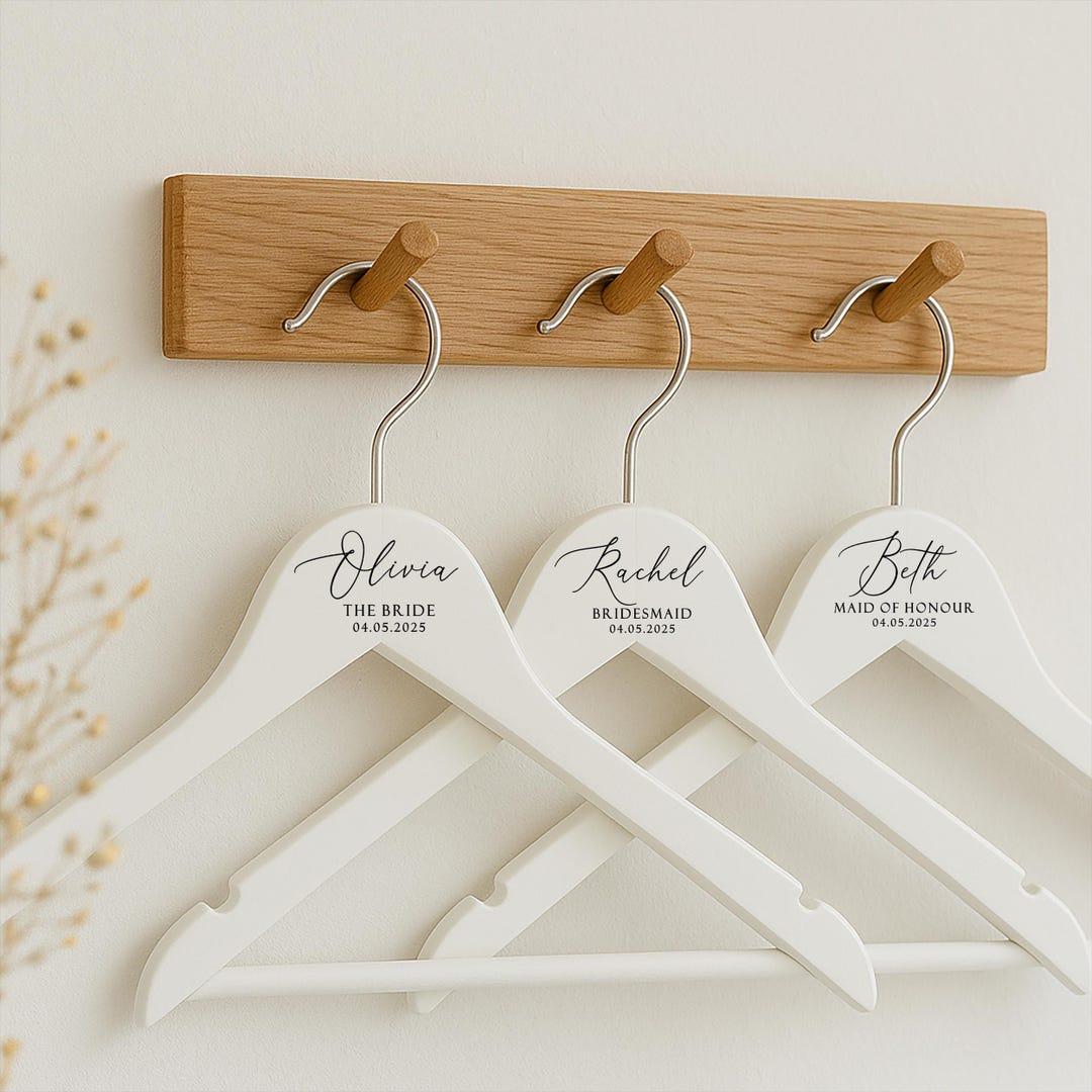 Personalized Wedding Hanger – Engraved Bridal Party Gift, White Wood - Design 2