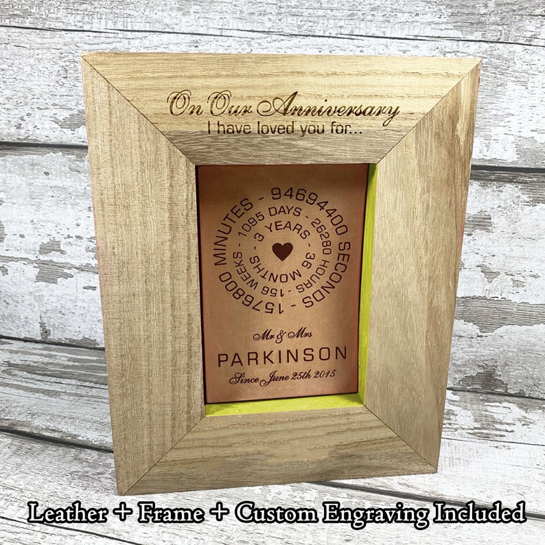 Personalised Leather Gift Engraved Wooden Photo Frame Full Grain Veg Tanned English Leather Wedding Anniversary Gift For Him Custom Name