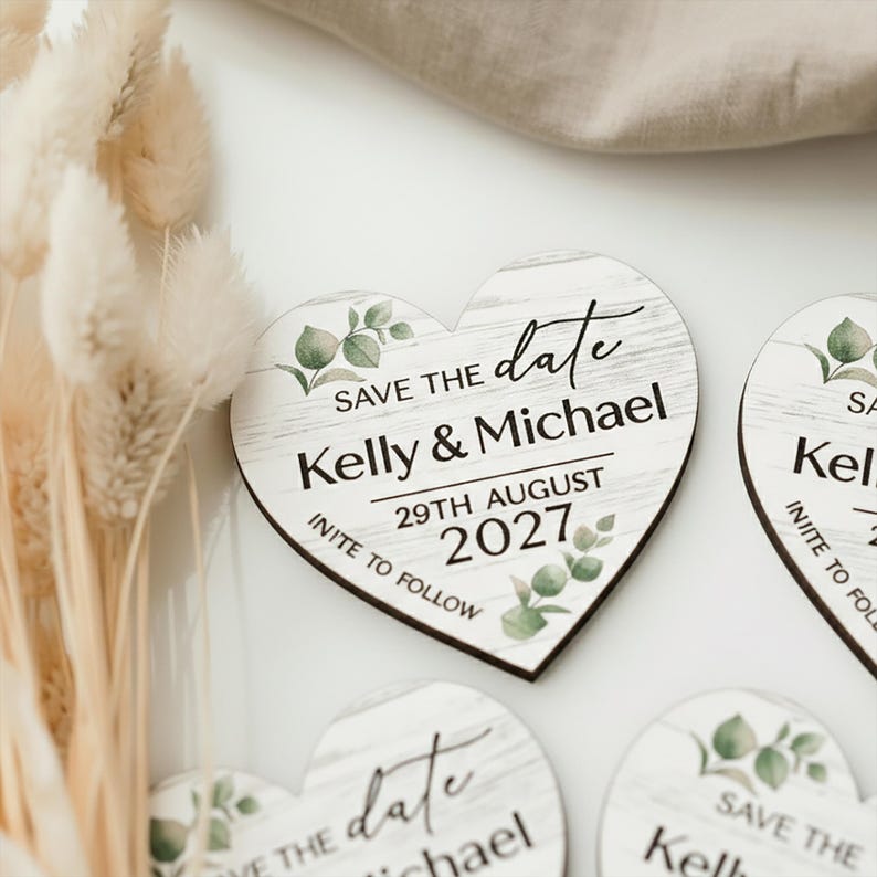 Save The Dates, Save the Date Cards with Wooden Magnets, Eucalyptus Leaf Floral Save The Dates With Envelopes, Personalised For Wedding Bild 2