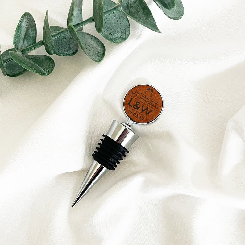 Personalised Leather Bottle Stopper, Unique 3rd Anniversary Gift for Wine Lovers image 4