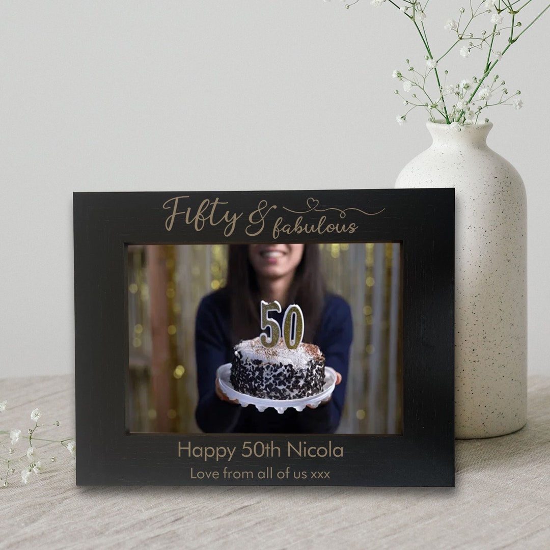 50th Birthday Photo Frame Gift, Personalised Fifty & Fabulous Wooden
