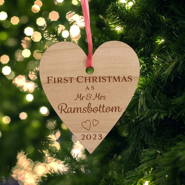 Personalised First Christmas As Mr and Mrs Bauble, Wooden Xmas Tree Decoration, Couple Christmas Keepsake, First Christmas Married 2023