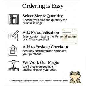 May include: White graphic with the text "Ordering is Easy" and instructions for ordering, including selecting size, adding personalization, adding to the basket, and checkout. A cartoon frog is at the bottom.