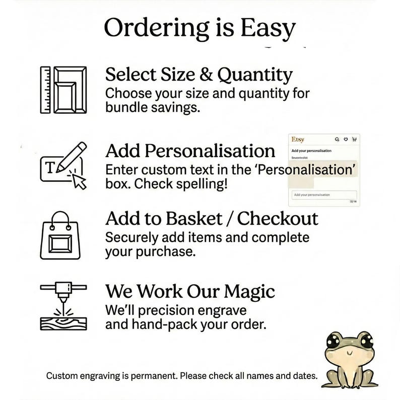 May include: White graphic with the text "Ordering is Easy" and instructions for ordering, including selecting size, adding personalization, adding to the basket, and checkout. A cartoon frog is at the bottom.